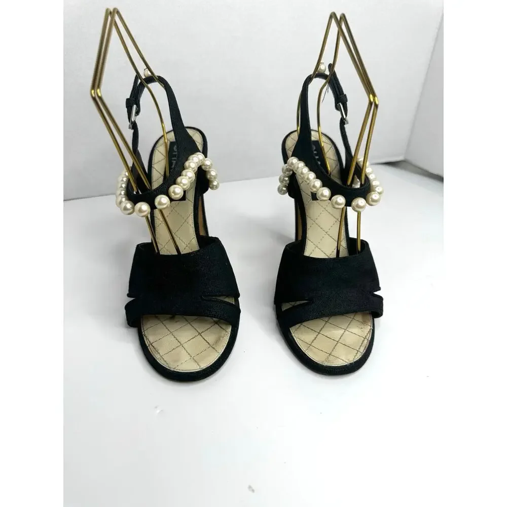 Chanel Black Grosgrain Faux Pearl Slide Sandals CC Logo EU 37.5